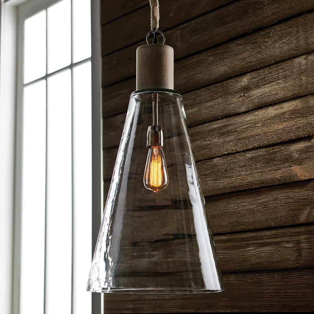 Anselm Pendant Light - Coastal Whitewash Glass & Wood Pendant, Beach House Kitchen Island & Foyer Lighting