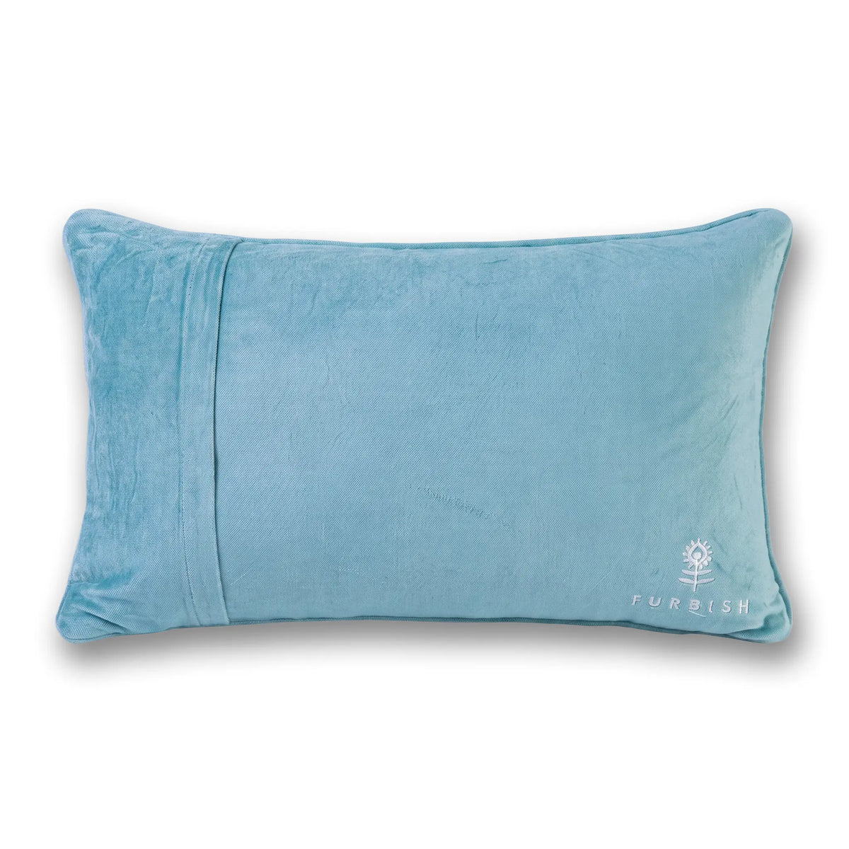 Light blue cotton velvet back of the Very Merry pillow with an embroidered Furbish logo