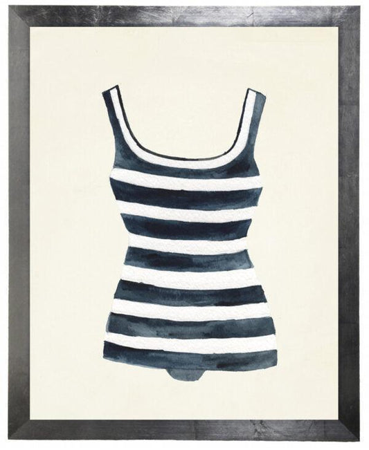 Blue and White Striped Bathing Suit Artwork - Copper Black Frame - 18" X 24 - Surfside Chic Decor
