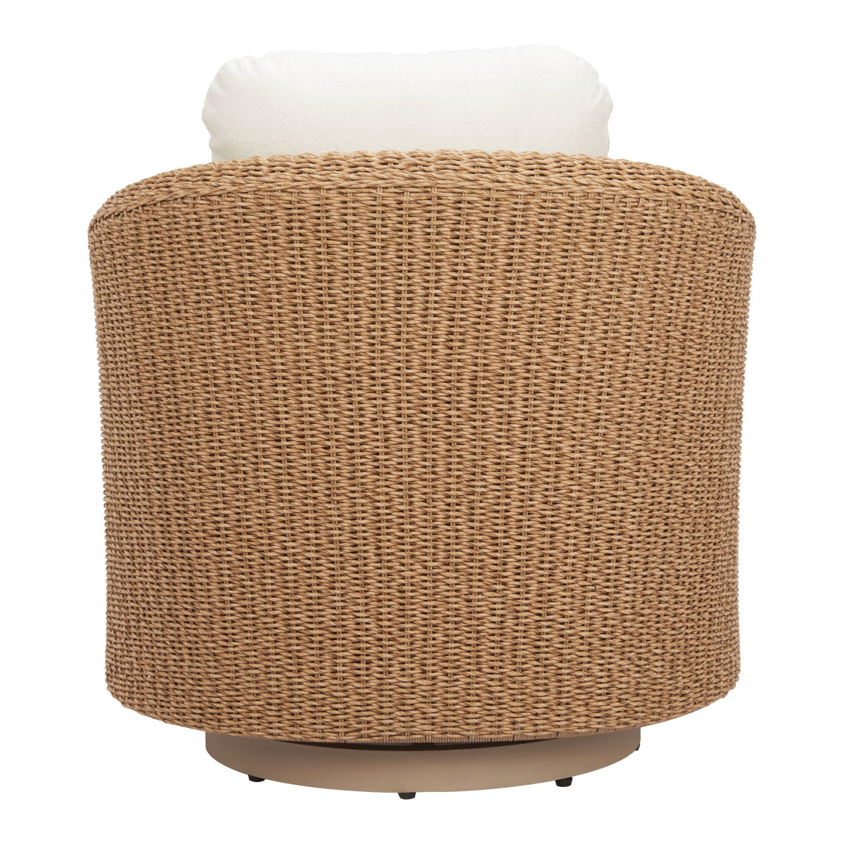 Rear view of the Solara swivel chair showing the woven synthetic rattan back and circular base