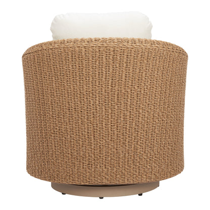 Rear view of the Solara swivel chair showing the woven synthetic rattan back and circular base
