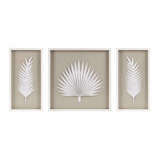 three white paper cut art pieces of palm leaves