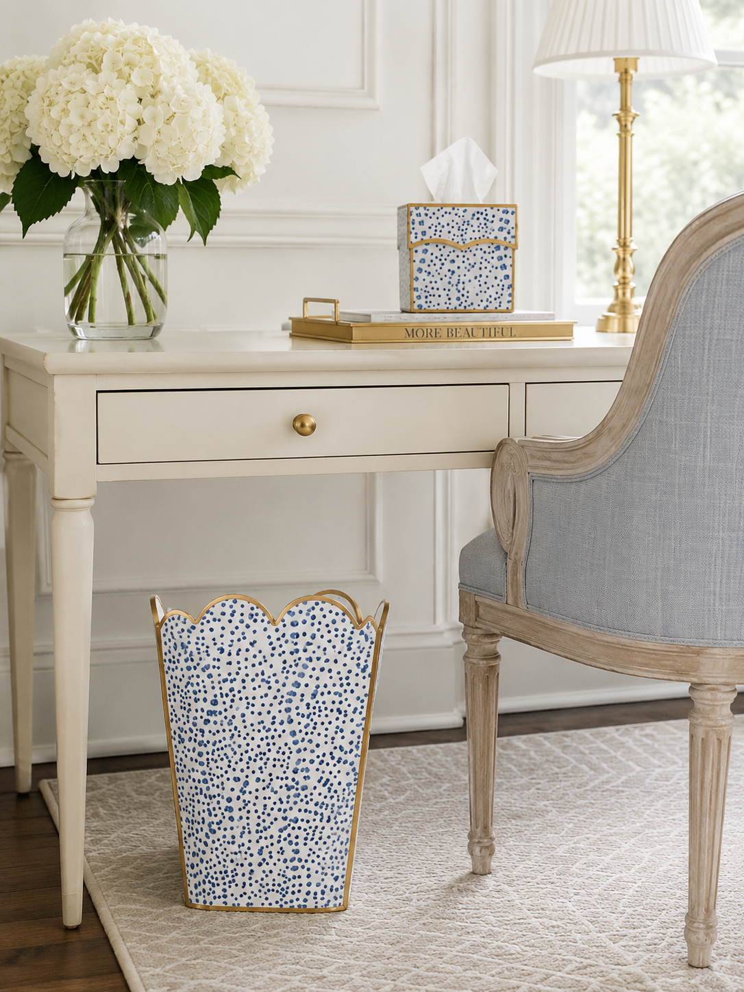 Navy Dot Scalloped Chinoiserie Tole Tissue Holder & Wastepaper Basket