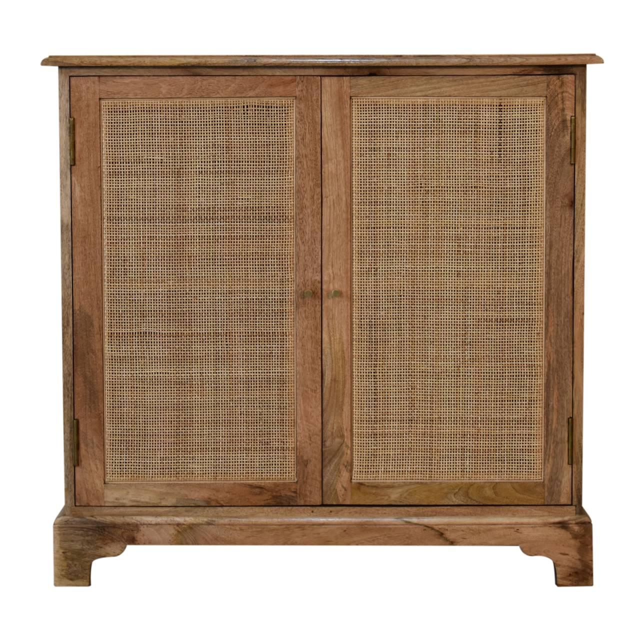 a wooden cabinet with wicker doors and drawers