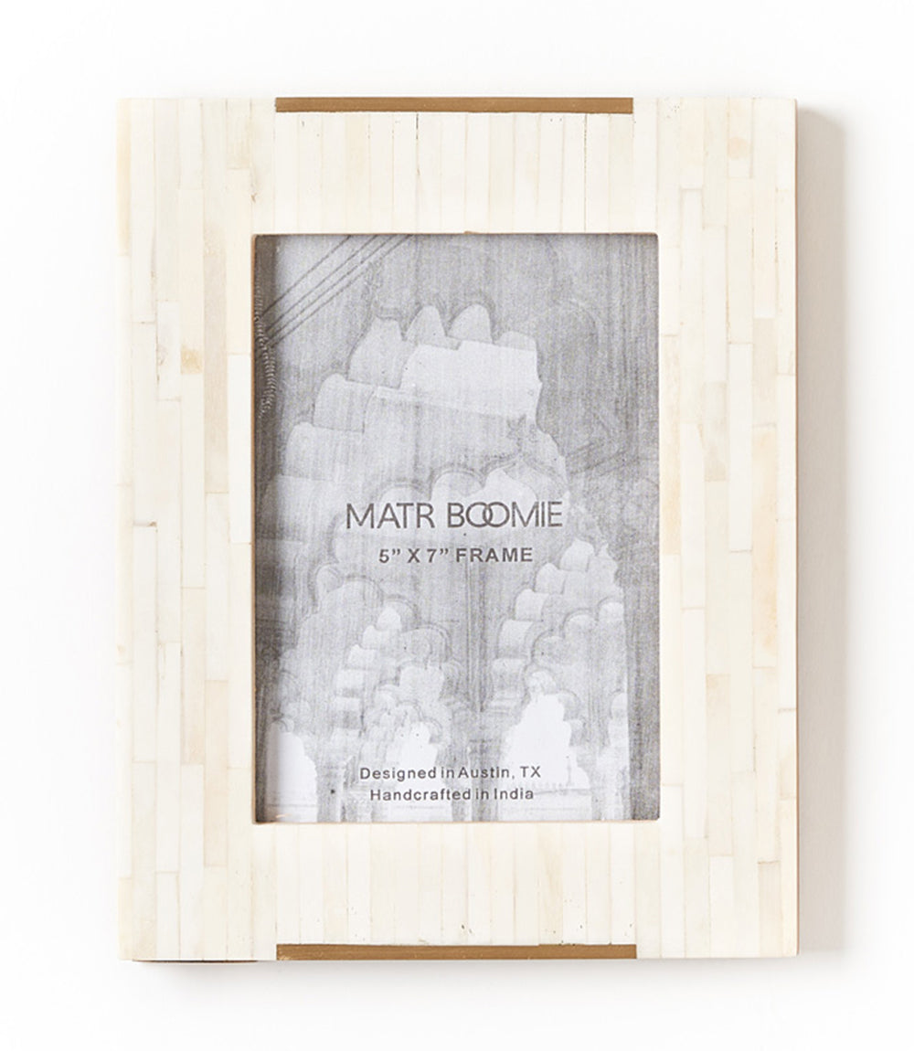 Mukhendu 5x7 picture frame with cream bone tile and gold-finish brass accents, shown upright