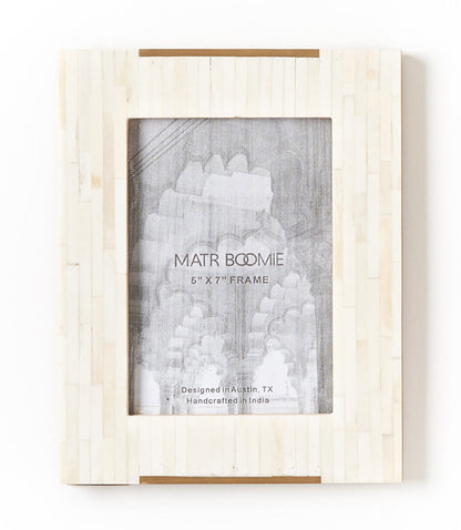 Mukhendu 5x7 picture frame with cream bone tile and gold-finish brass accents, shown upright