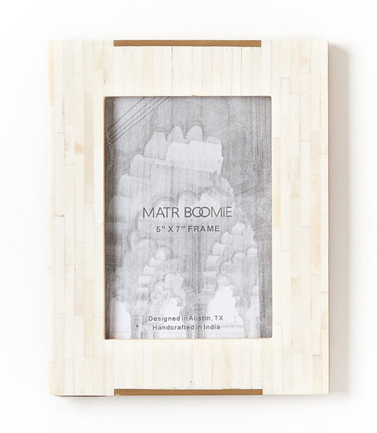 Mukhendu 5x7 picture frame with cream bone tile and gold-finish brass accents, shown upright