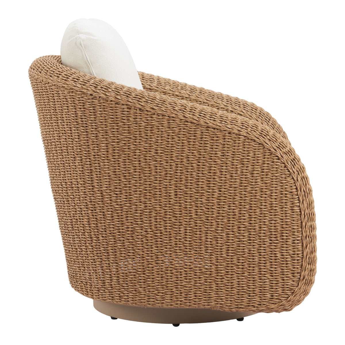Side view of the Solara swivel chair showing its curved woven frame, ivory cushions, and circular base
