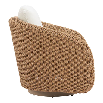 Side view of the Solara swivel chair showing its curved woven frame, ivory cushions, and circular base