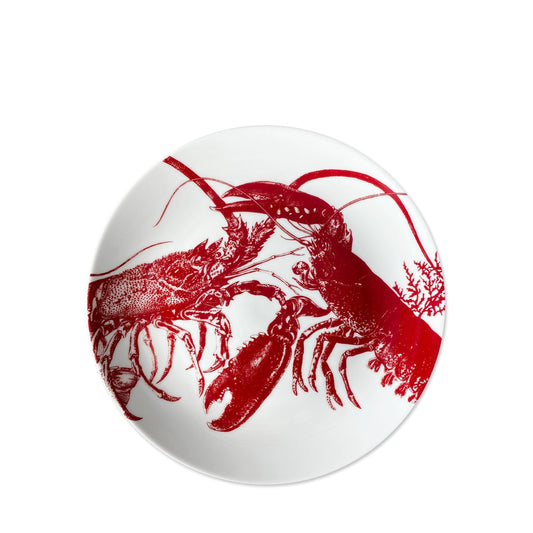 a red and white plate with a lobster on it