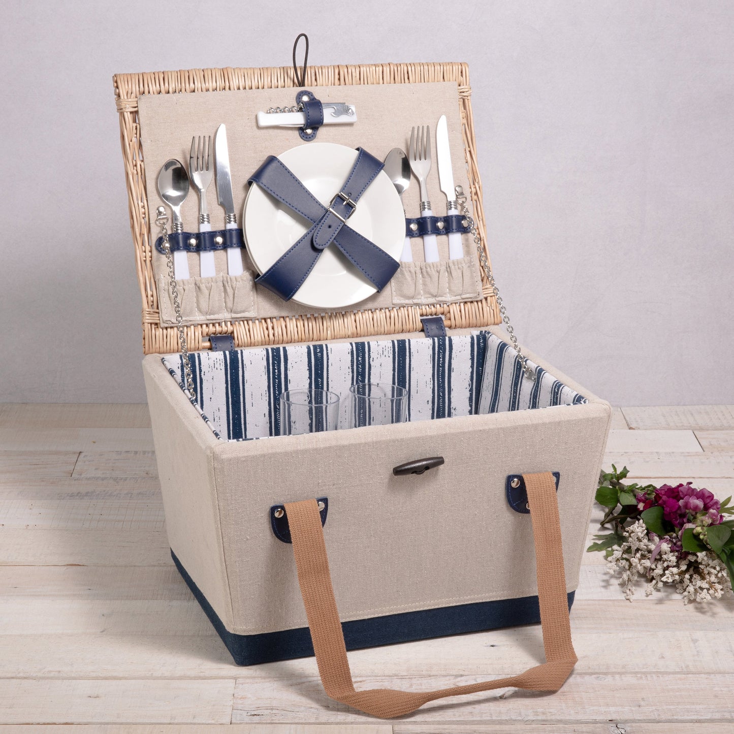 Boardwalk Picnic Basket for 2 - Coastal Handwoven Wine & Cheese Set, Beach House Romantic Gift