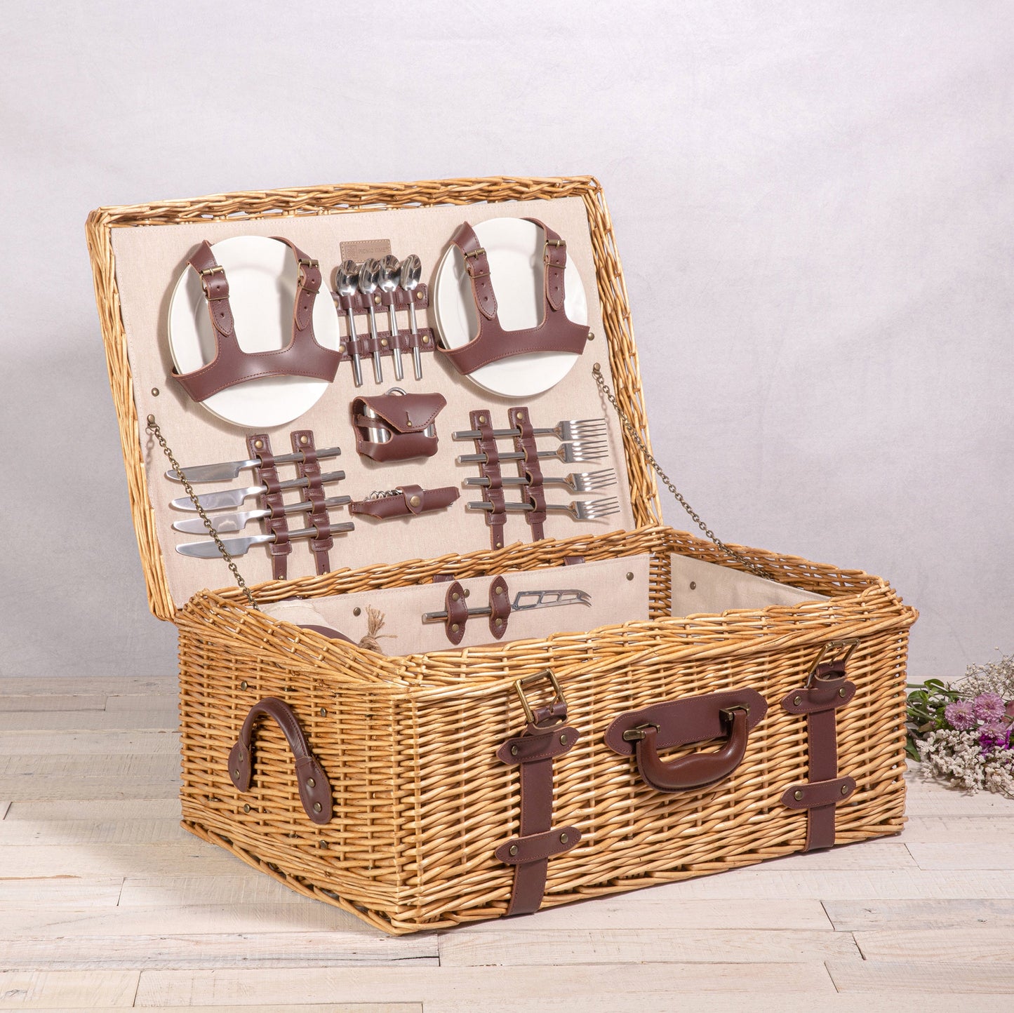 Charleston Luxury Picnic Basket for 4 - Coastal Heirloom Wicker Entertaining Set, Beach House Gift