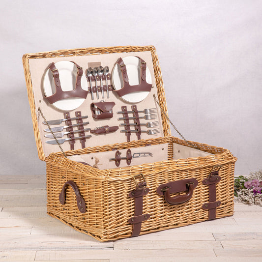 Charleston Luxury Picnic Basket for 4 - Coastal Heirloom Wicker Entertaining Set, Beach House Gift