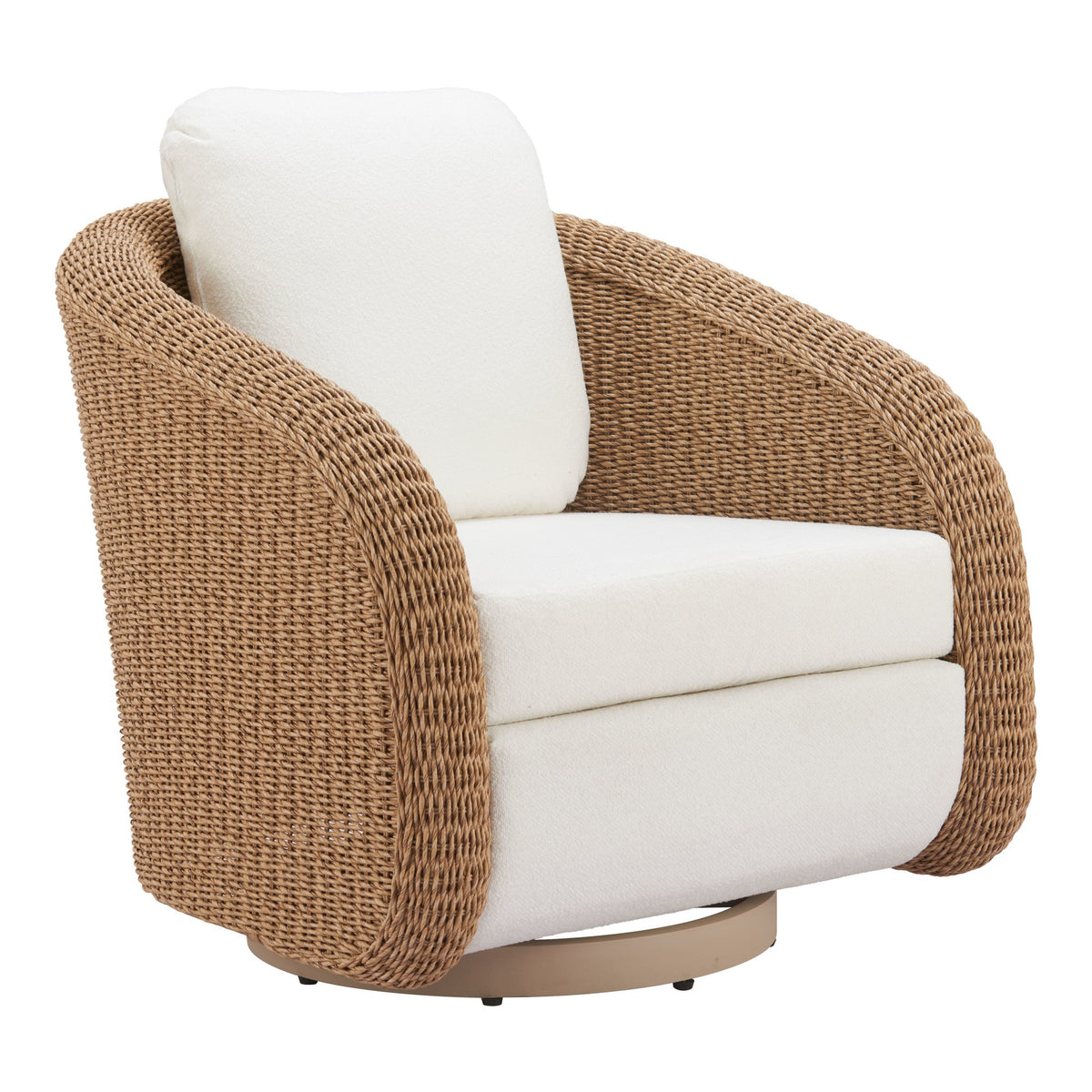 Relax outdoors in the Solara swivel chair with ivory cushions, synthetic rattan weave, and an aluminum frame. Removable, washable covers; no assembly needed.