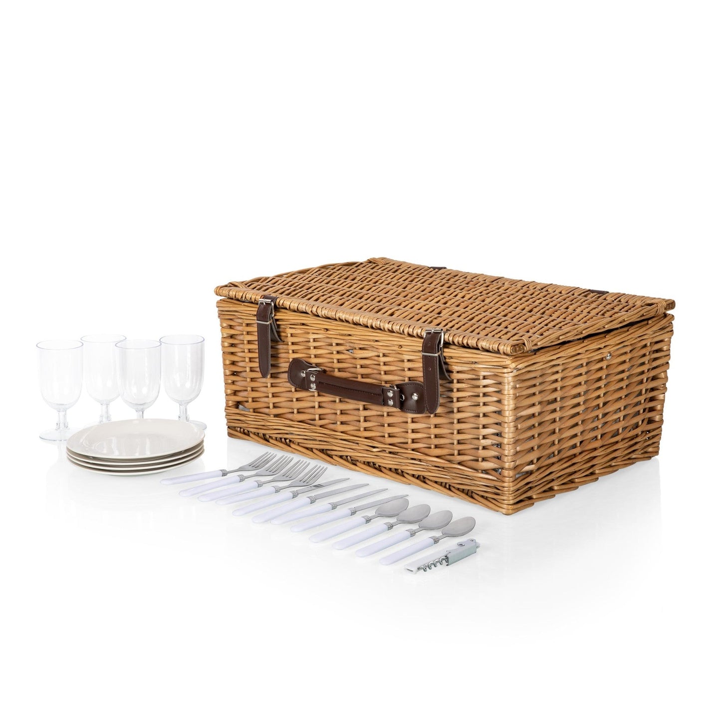 Belmont Picnic Basket for 4 - Coastal Willow Wicker Wine & Cheese Set with Cooler, Beach House Gift