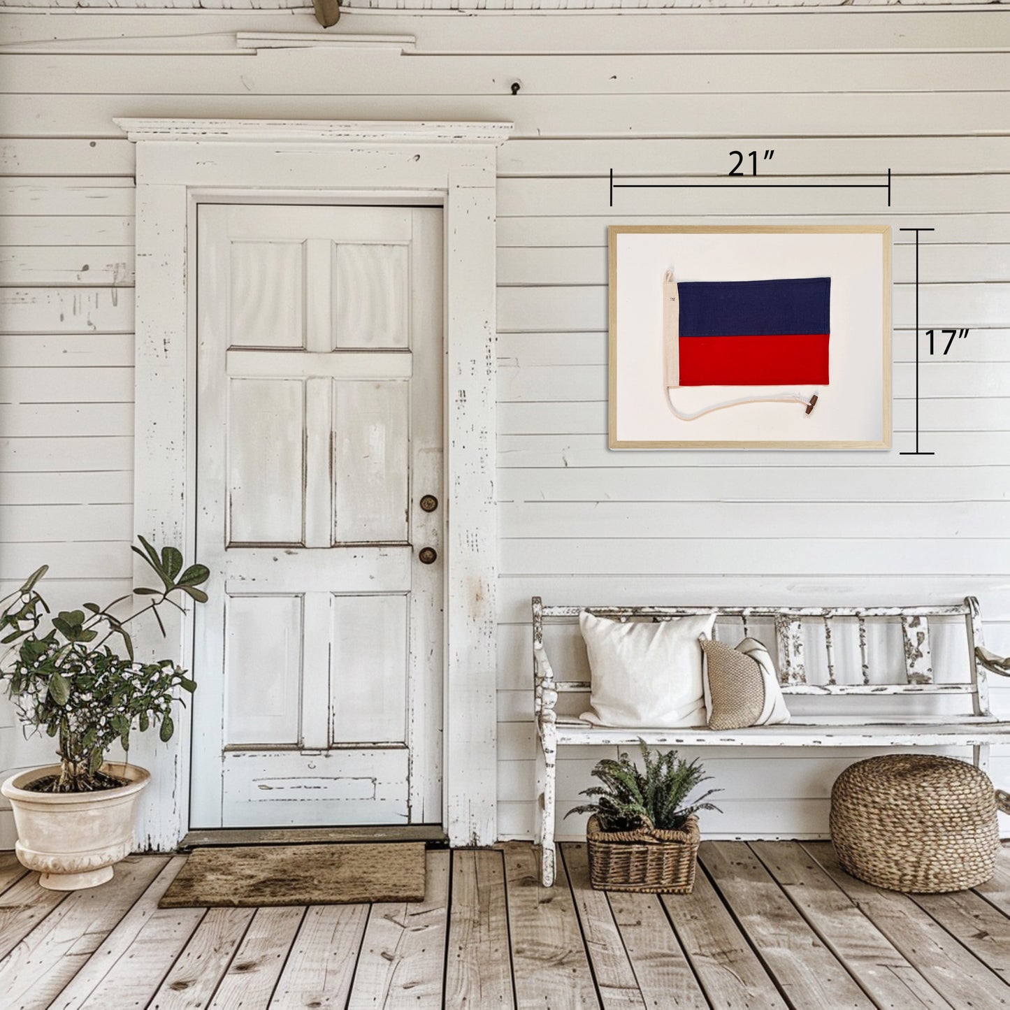 Red and Navy Flag in Natural Wooden Frame