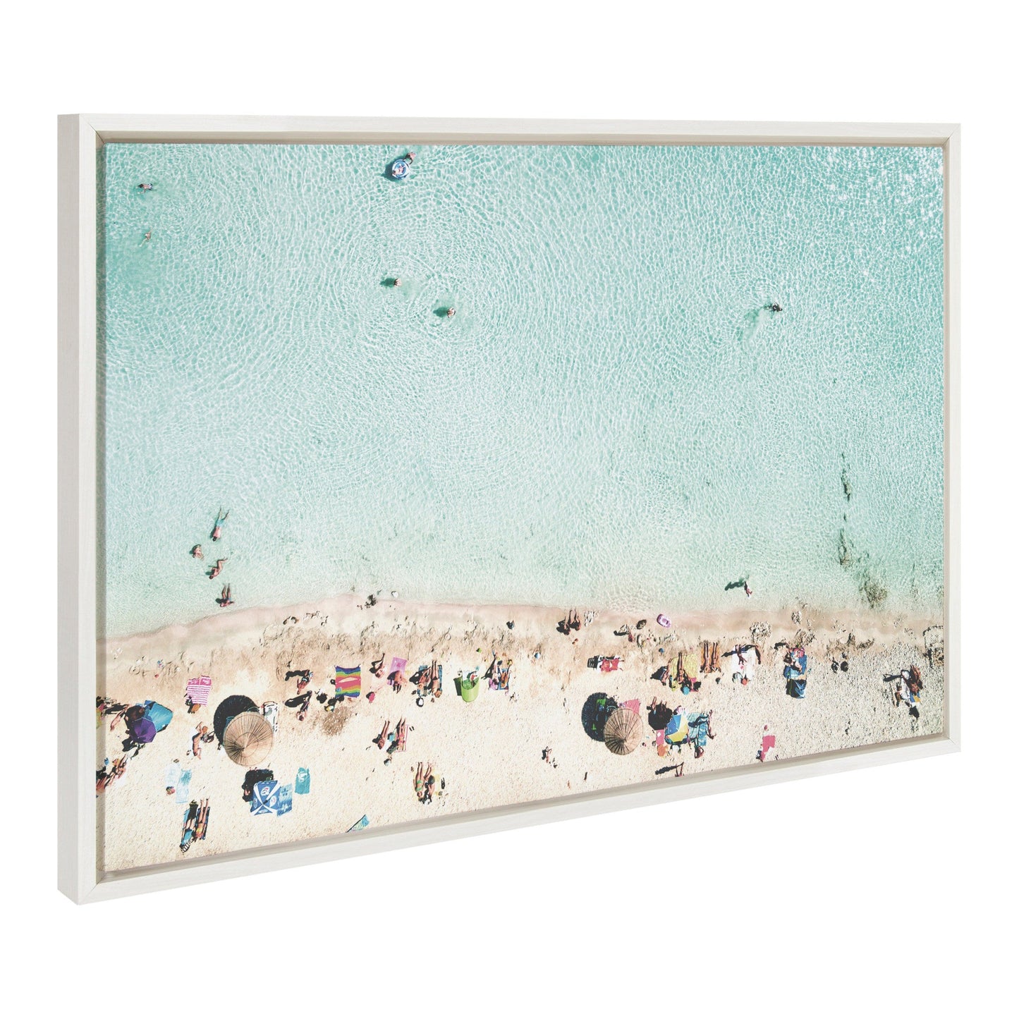 Sylvie Turquoise Beach from Above 2, Blue Beach Van and Woman Floating Framed Canvas by Amy Peterson Art Studio