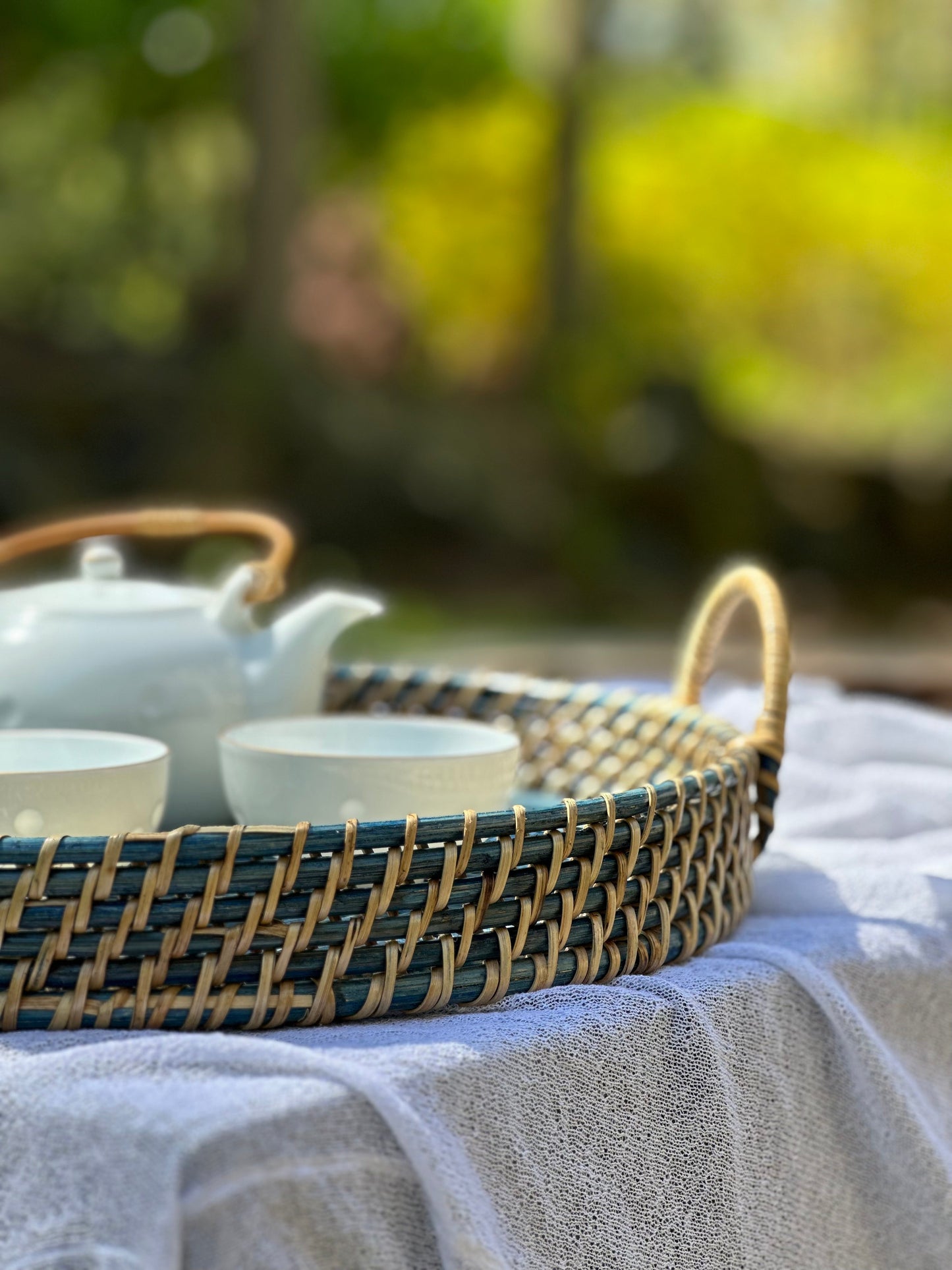 Round Rattan Tray in Navy Blue - Coastal Woven Decorative Tray, Beach House Entertaining