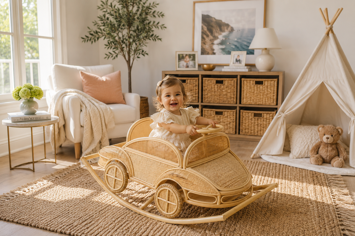 Child seated in a rattan rocking car in a neutral playroom beside a fabric teepee