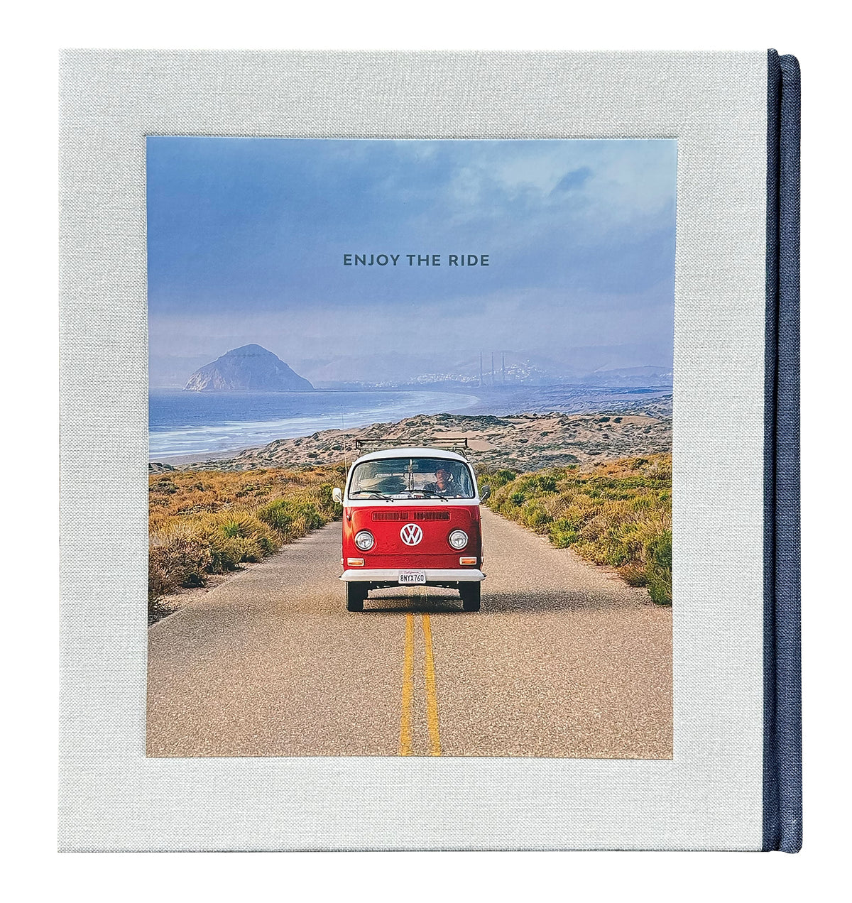 Back cover of Surf Rides showing a red Volkswagen bus on a coastal road beneath the words Enjoy the Ride