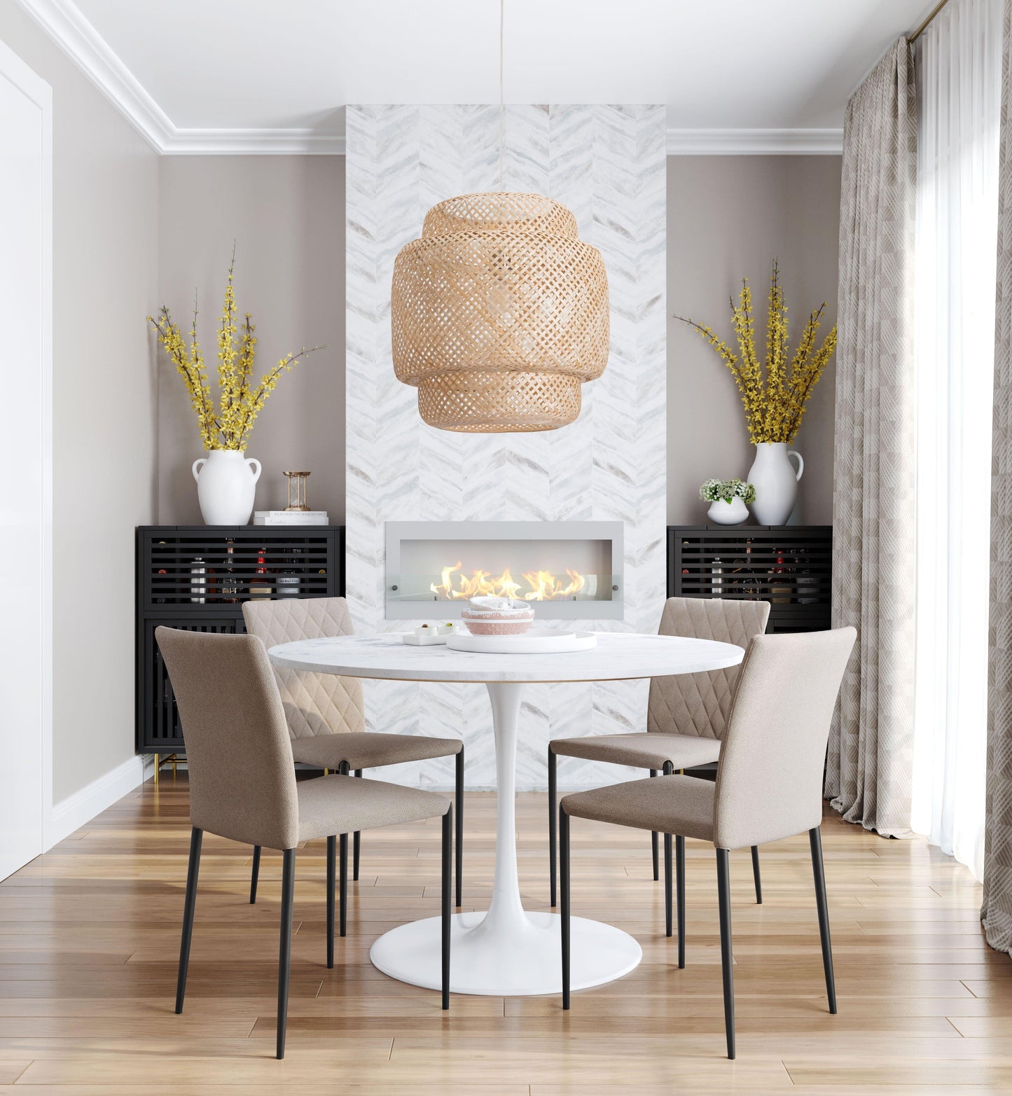 a white table with four chairs around it