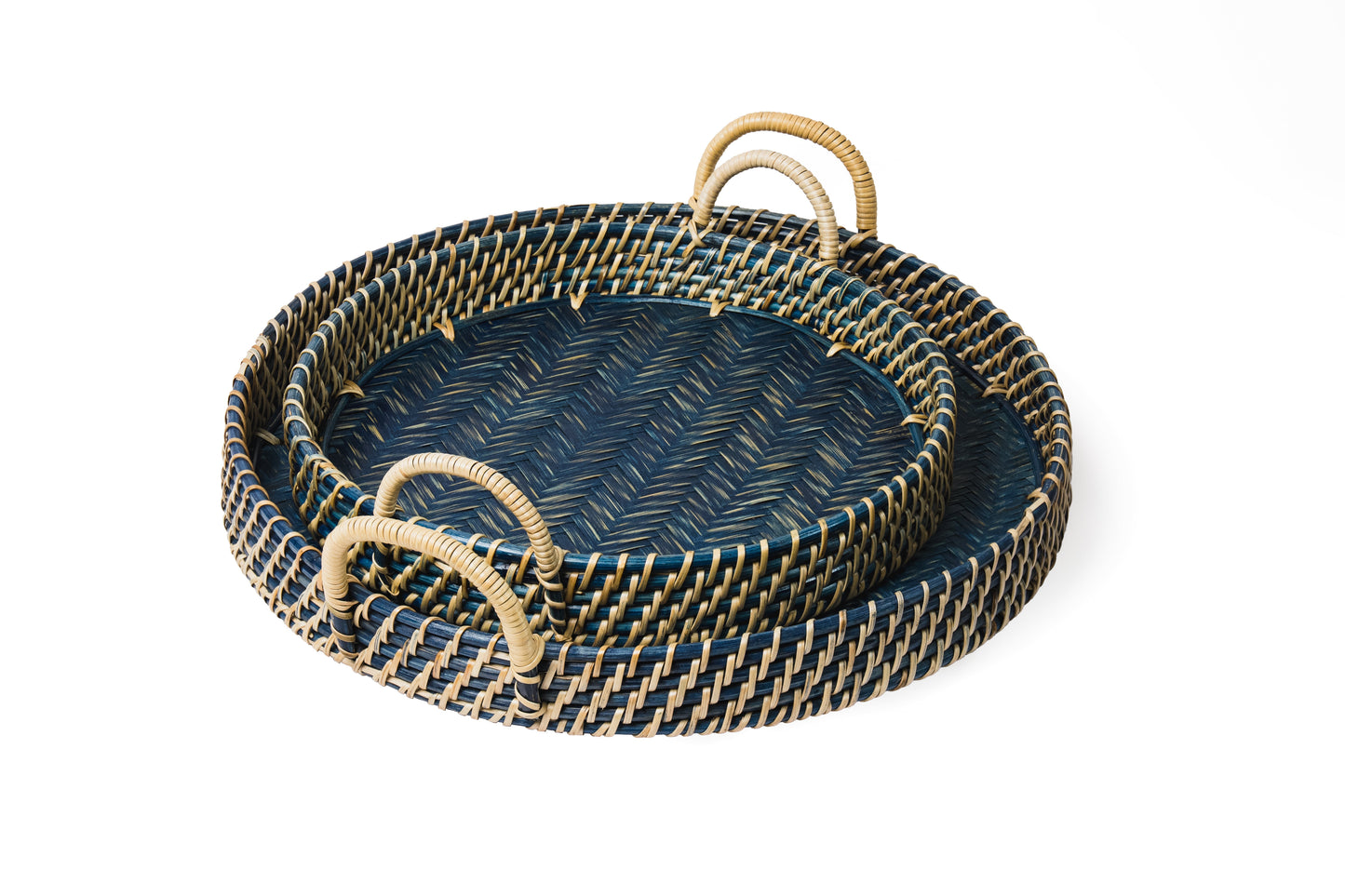 Round Rattan Tray in Navy Blue - Coastal Woven Decorative Tray, Beach House Entertaining