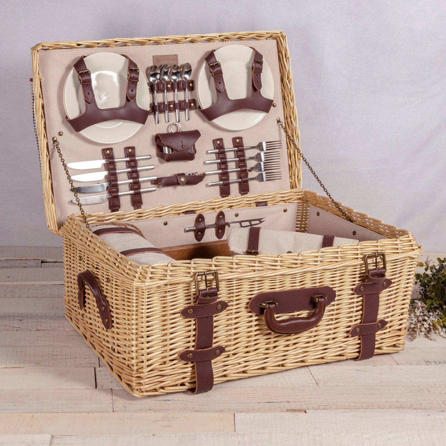 Charleston Luxury Picnic Basket for 4 - Coastal Heirloom Wicker Entertaining Set, Beach House Gift