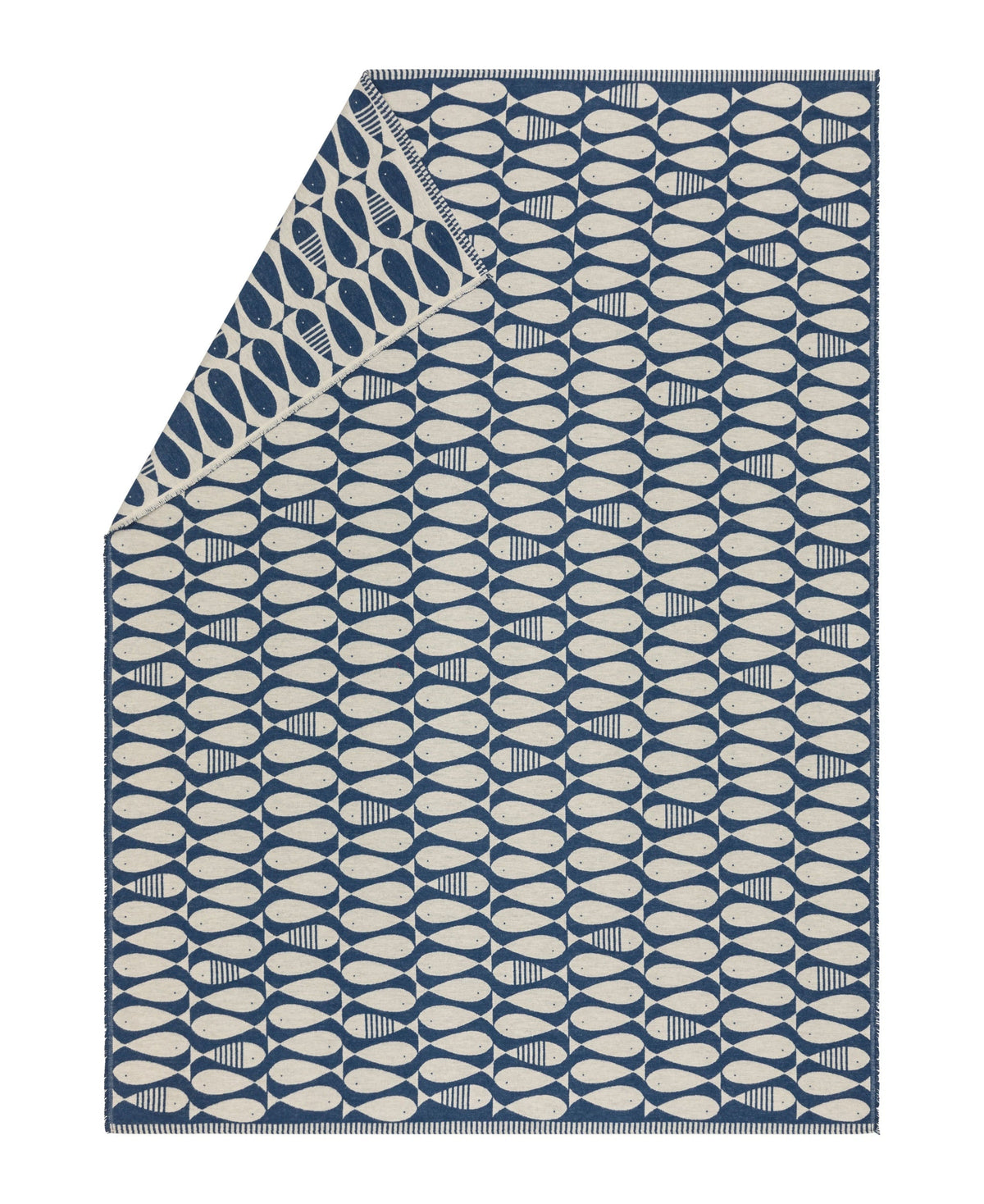 LUCA Sardines navy and cream throw blanket laid flat with one corner folded to show the reverse