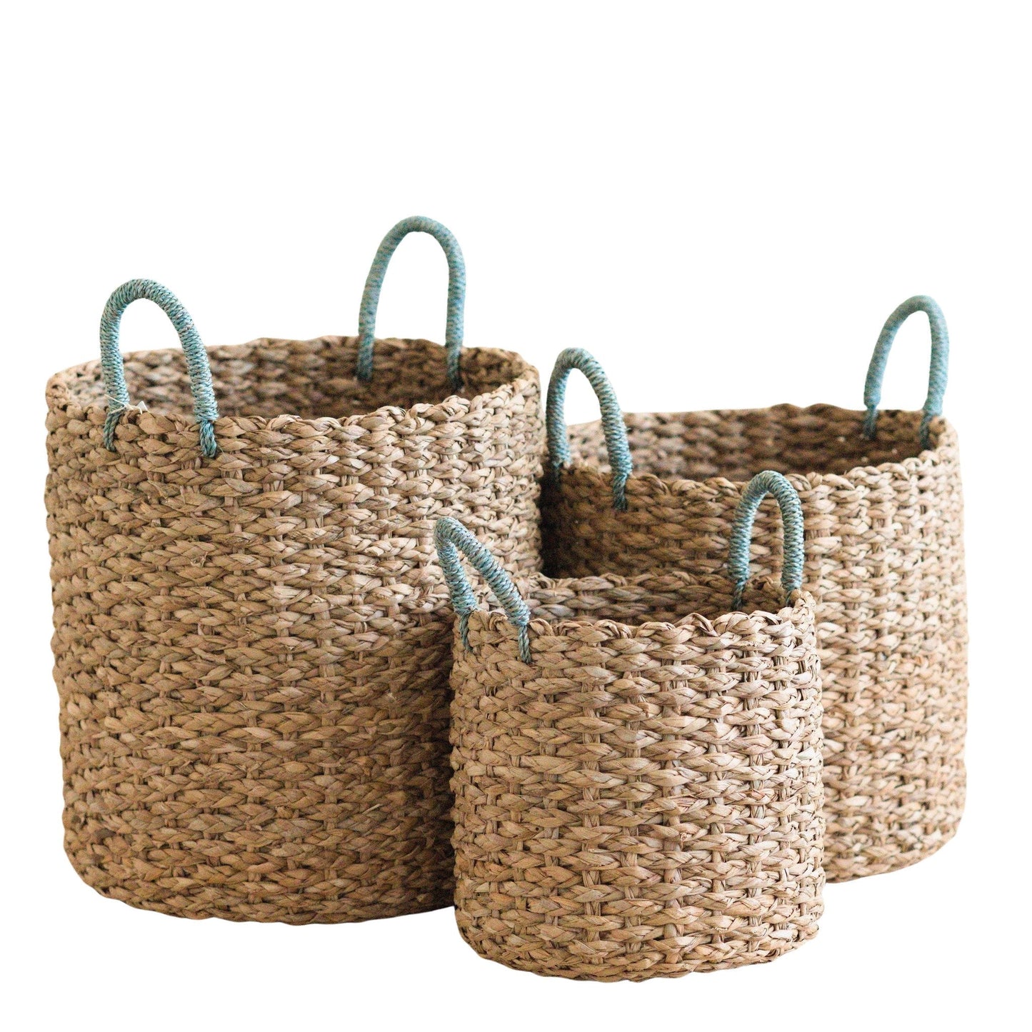 Seagrass Woven Baskets with Sky Blue Handles Set of 3 - Coastal Handwoven Seagrass Storage Baskets, Beach House Decor & Organization