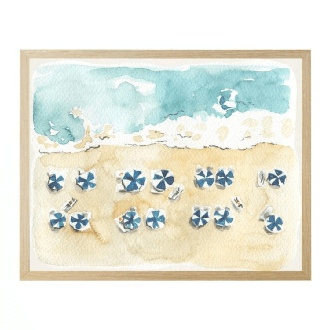 a painting of a beach with blue and white umbrellas