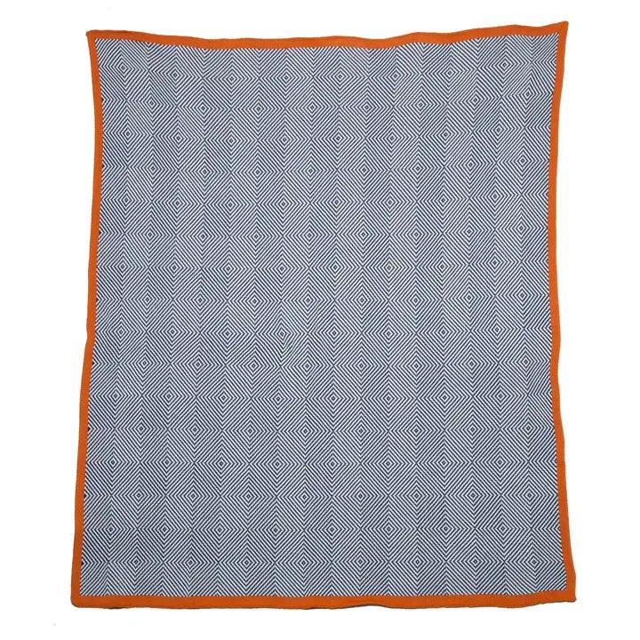 a blue and orange rug with an orange border