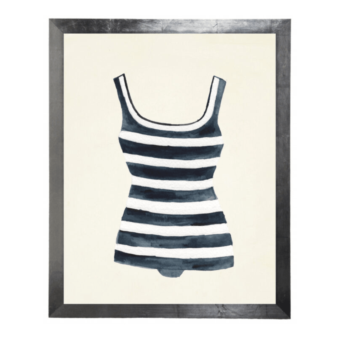 Blue and White Striped Bathing Suit Artwork Copper Black Frame