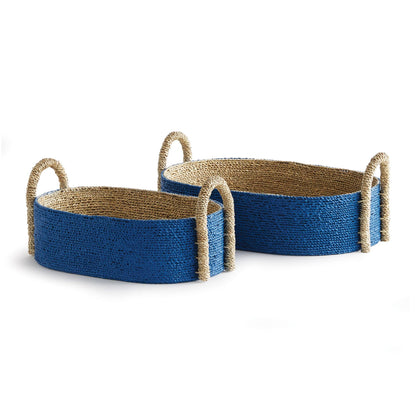 two blue baskets with handles on each of them