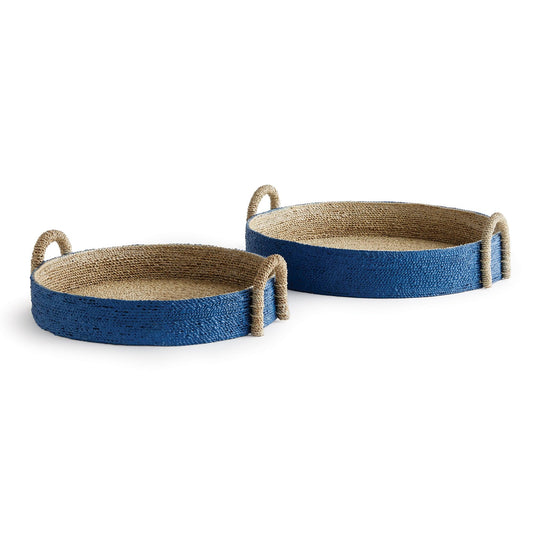 a pair of blue round baskets with handles