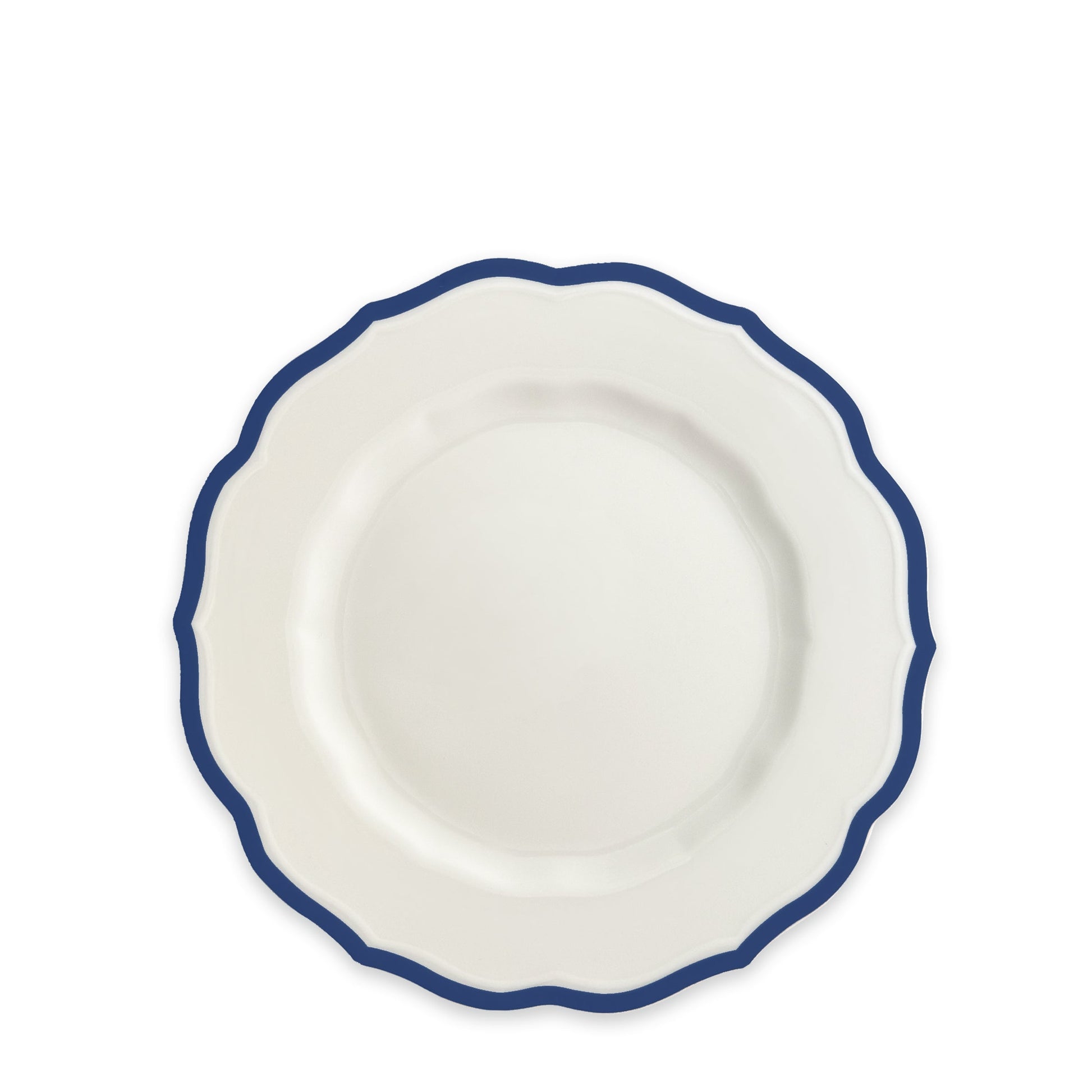 White scalloped dish with blue rim