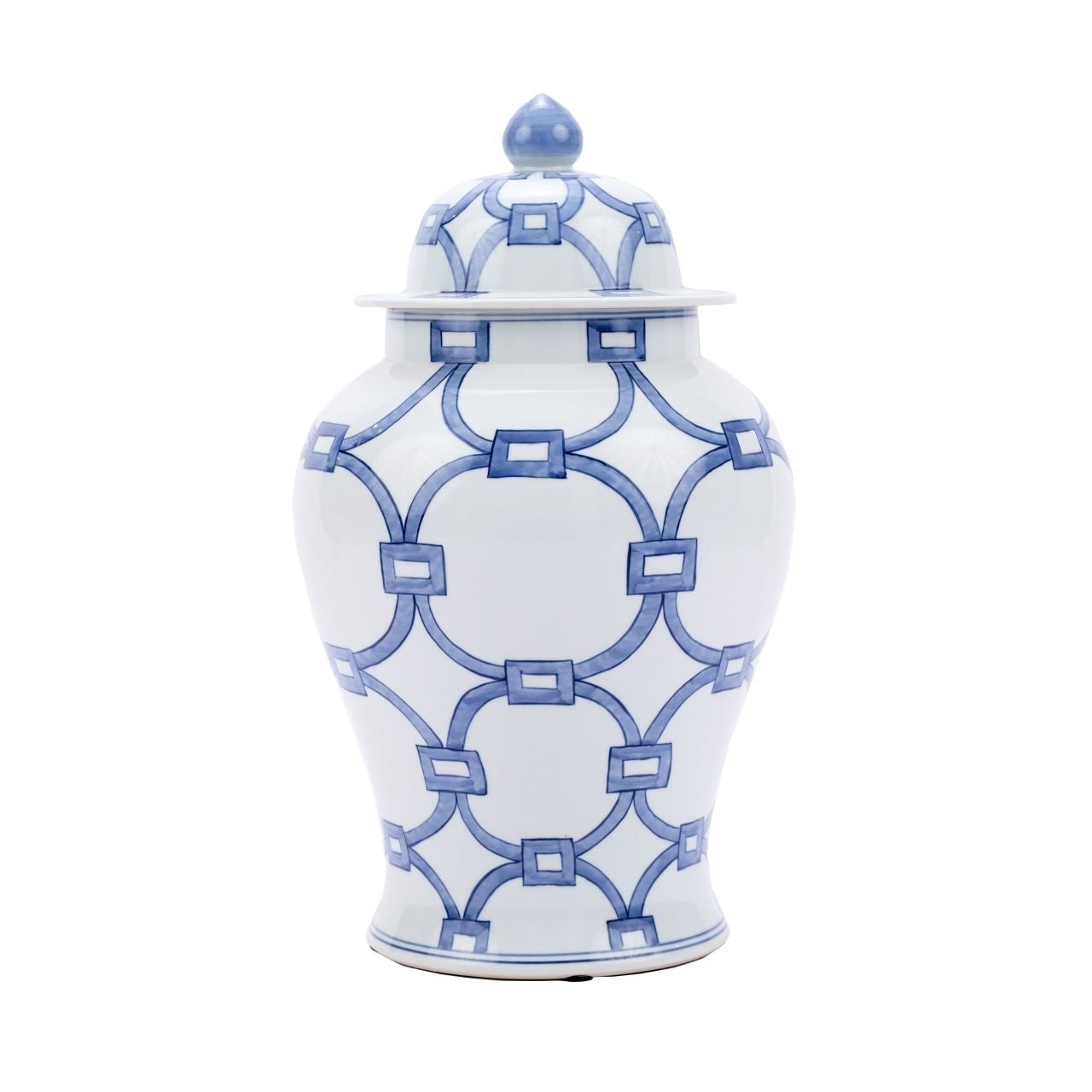 white ginger jar with blue geometric design