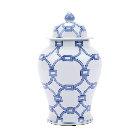 white ginger jar with blue geometric design