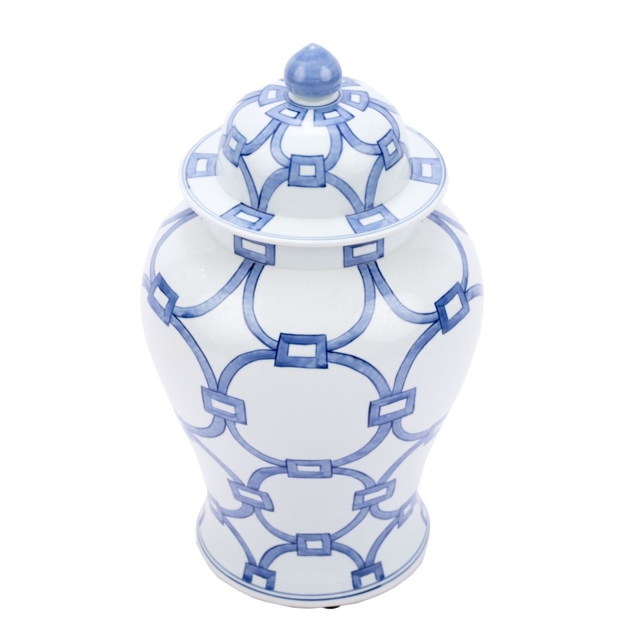 Overhead view of blue and white ginger jar