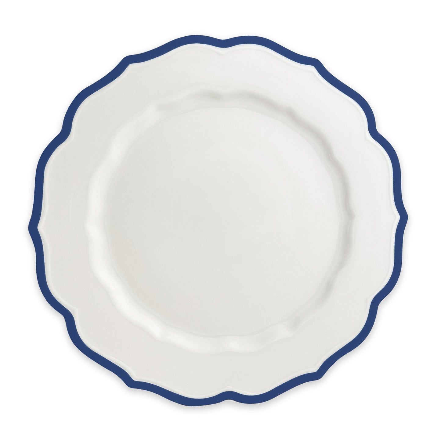 white scalloped plate with blue rim