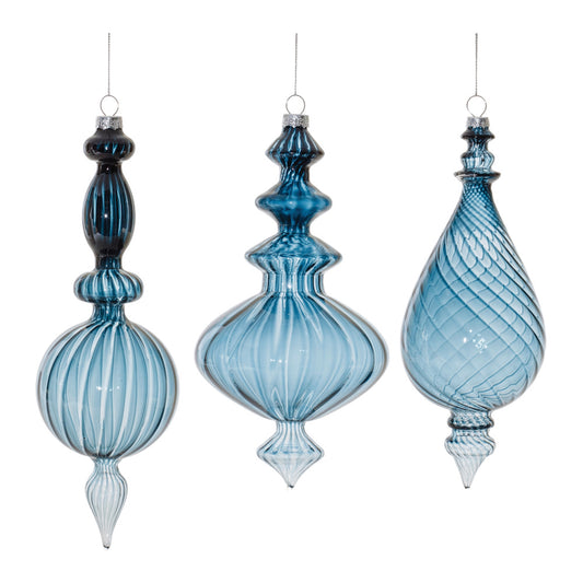 three blue glass finial ornaments