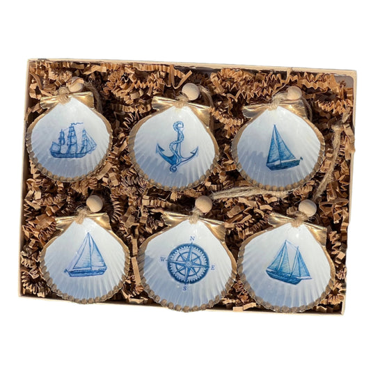 set of six shell ornaments with blue nautical designs