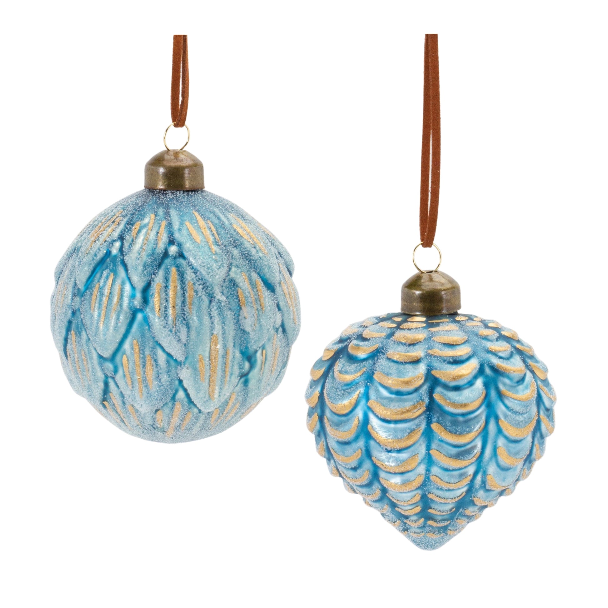 two blue and gold glass ornaments