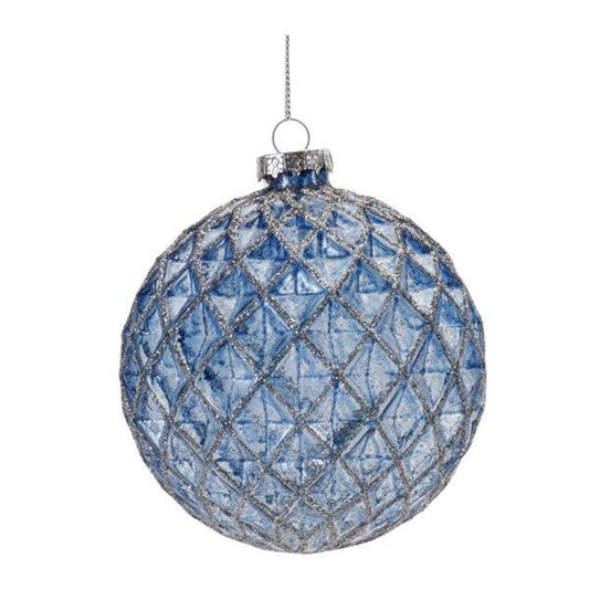 blue patterned christmas ball with silver glitter