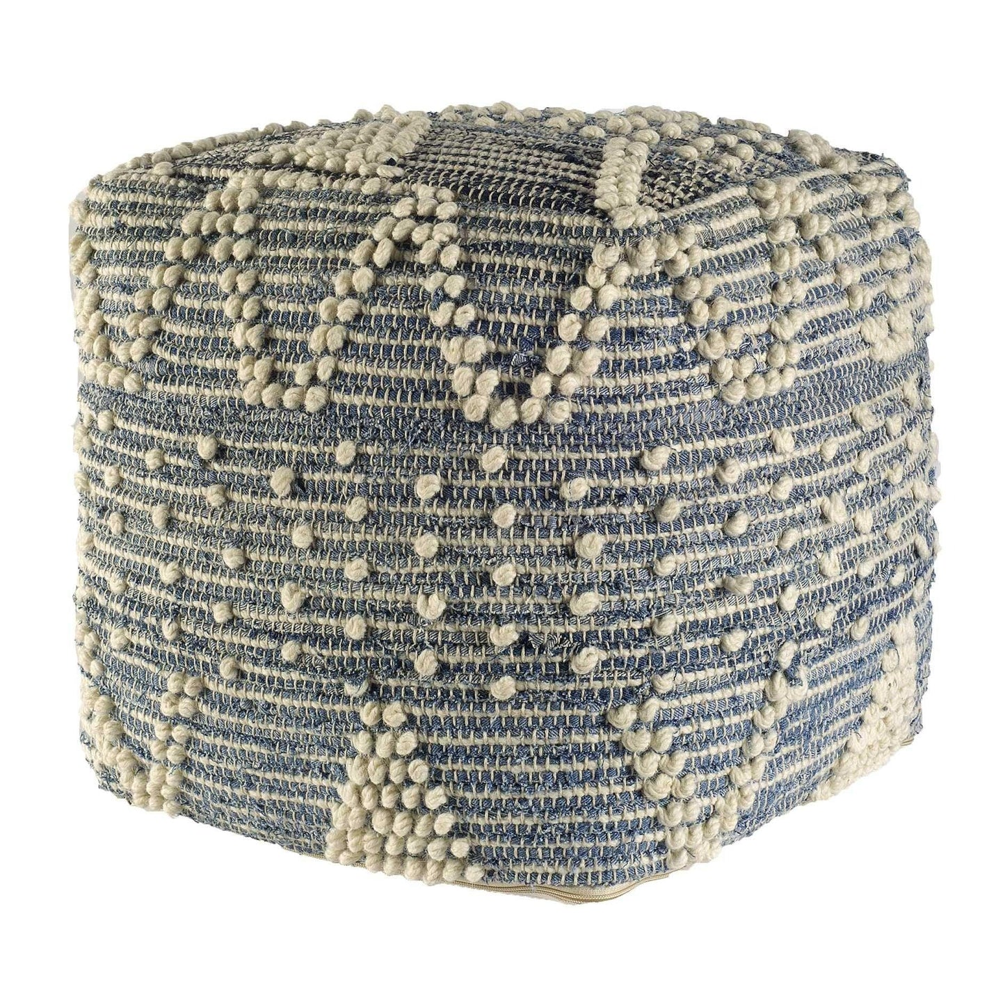 Blue Denim And Ivory Square Pouf - Cotton Stitched - Surfside Chic Decor