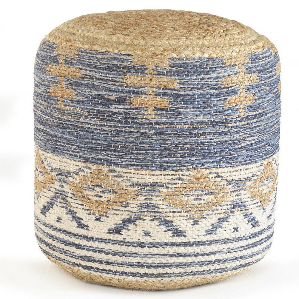 blue and tan jute pouf