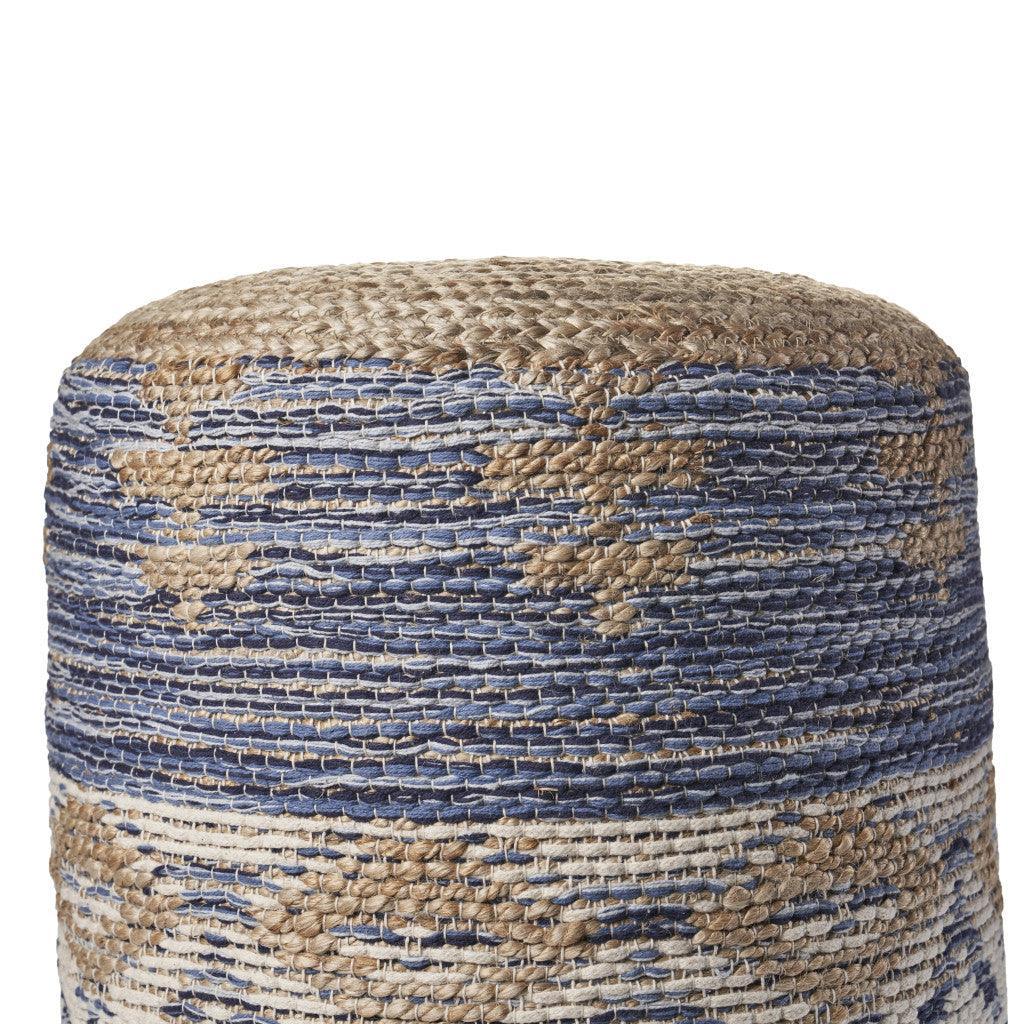 tan and blue jute pouf