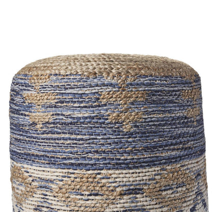 tan and blue jute pouf