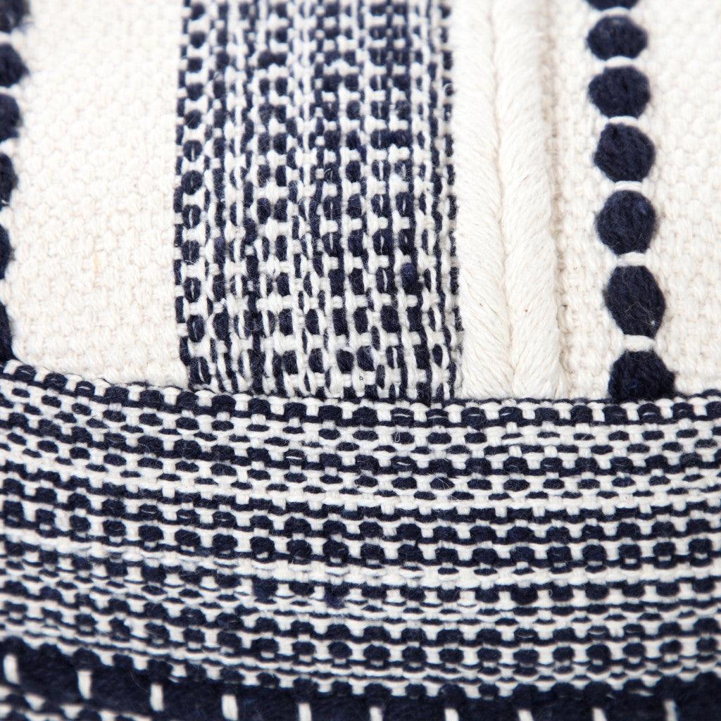 close up of blue and white ottoman