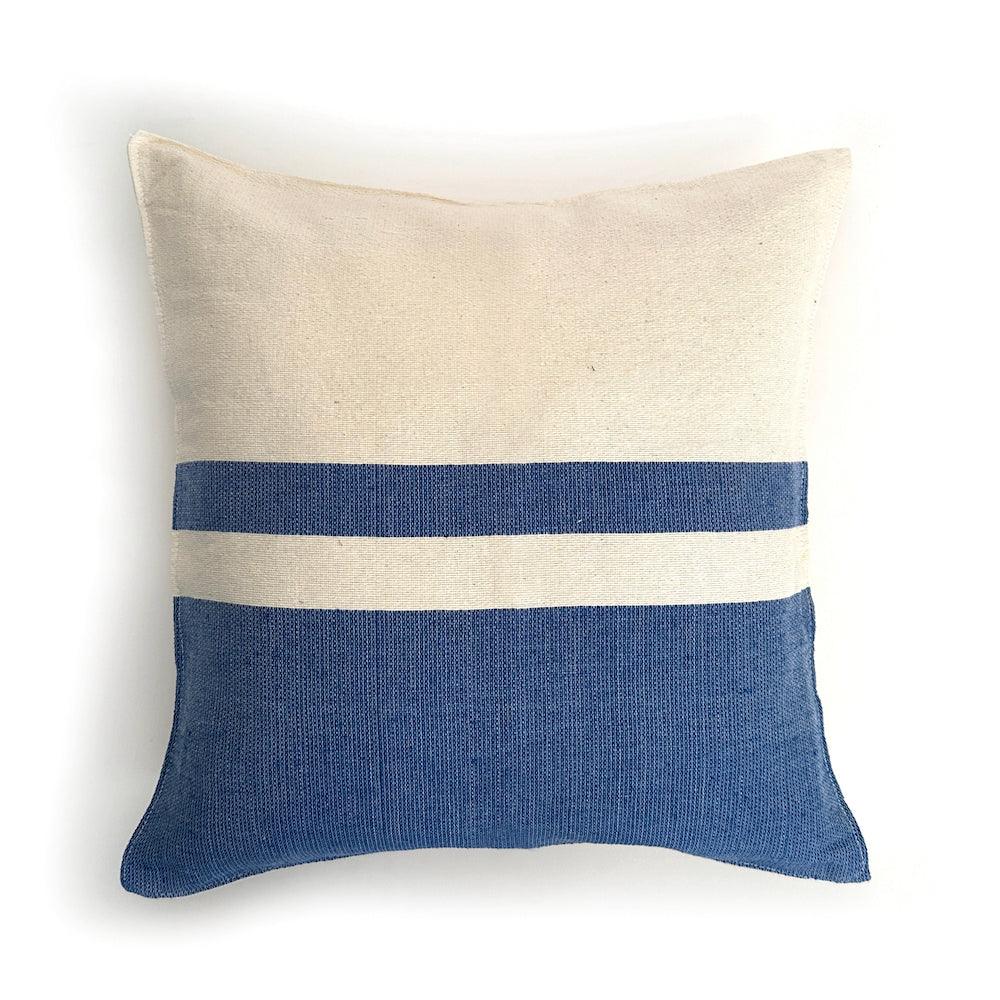 blue and natural throw pillow