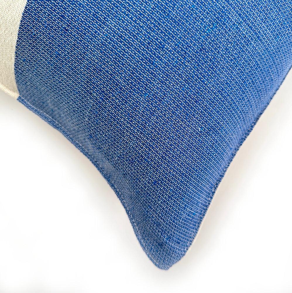 close up of blue pillow